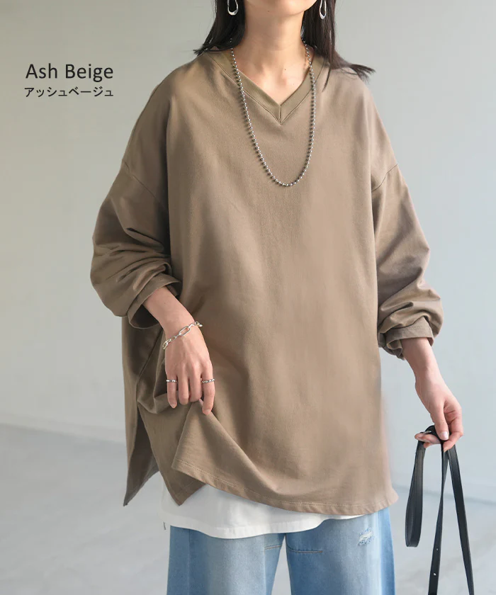 ロンT 選べる ネック 綿100% レディース トップス 長袖 Tシャツ ロング ストレッチ カットソー ジャージー チュニック 裏毛 Vネック クルーネック 長い ゆったり 無地 体型カバー お尻が隠れる 大きいサイズ おしゃれ 黒 白 秋 冬 HUG.U - Image 15