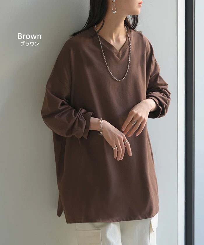 ロンT 選べる ネック 綿100% レディース トップス 長袖 Tシャツ ロング ストレッチ カットソー ジャージー チュニック 裏毛 Vネック クルーネック 長い ゆったり 無地 体型カバー お尻が隠れる 大きいサイズ おしゃれ 黒 白 秋 冬 HUG.U - Image 19