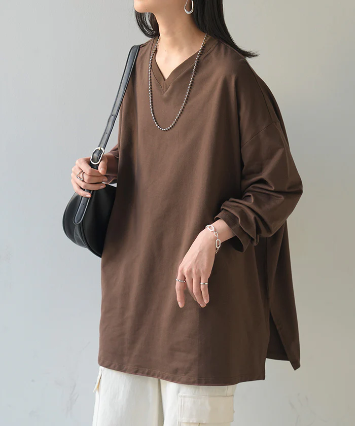 ロンT 選べる ネック 綿100% レディース トップス 長袖 Tシャツ ロング ストレッチ カットソー ジャージー チュニック 裏毛 Vネック クルーネック 長い ゆったり 無地 体型カバー お尻が隠れる 大きいサイズ おしゃれ 黒 白 秋 冬 HUG.U - Image 20