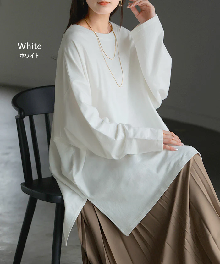 ロンT 選べる ネック 綿100% レディース トップス 長袖 Tシャツ ロング ストレッチ カットソー ジャージー チュニック 裏毛 Vネック クルーネック 長い ゆったり 無地 体型カバー お尻が隠れる 大きいサイズ おしゃれ 黒 白 秋 冬 HUG.U - Image 21