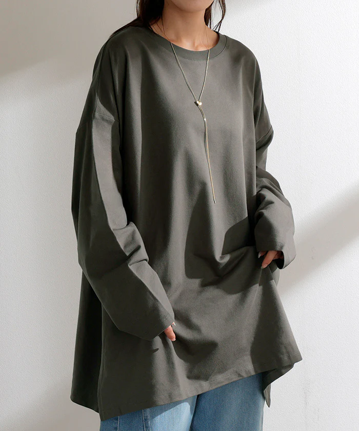 ロンT 選べる ネック 綿100% レディース トップス 長袖 Tシャツ ロング ストレッチ カットソー ジャージー チュニック 裏毛 Vネック クルーネック 長い ゆったり 無地 体型カバー お尻が隠れる 大きいサイズ おしゃれ 黒 白 秋 冬 HUG.U - Image 33