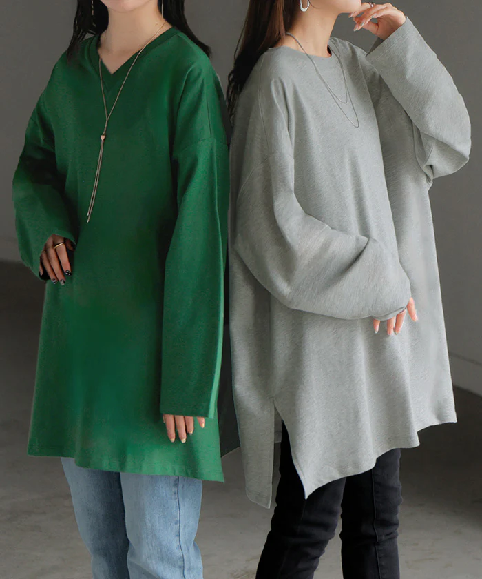ロンT 選べる ネック 綿100% レディース トップス 長袖 Tシャツ ロング ストレッチ カットソー ジャージー チュニック 裏毛 Vネック クルーネック 長い ゆったり 無地 体型カバー お尻が隠れる 大きいサイズ おしゃれ 黒 白 秋 冬 HUG.U - Image 34