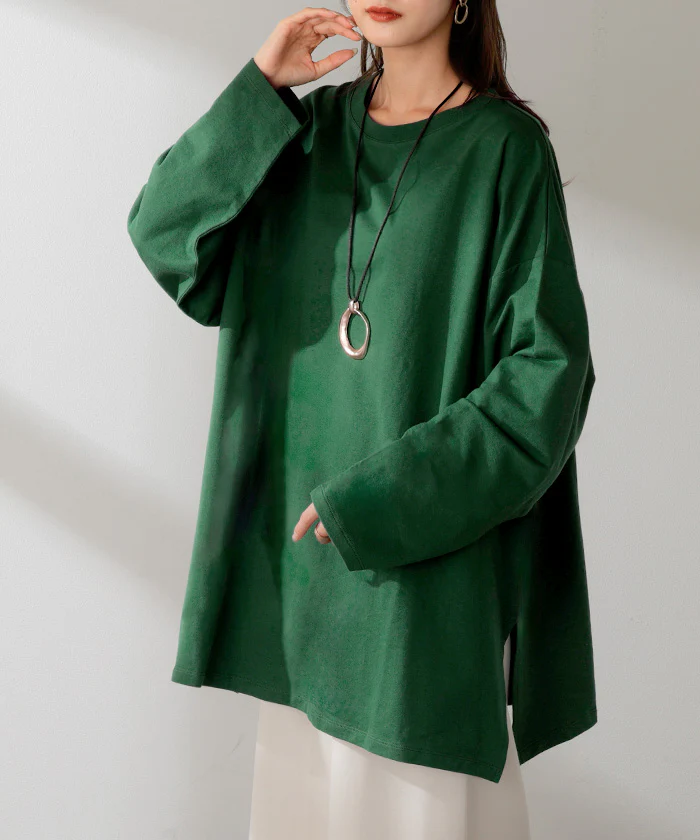 ロンT 選べる ネック 綿100% レディース トップス 長袖 Tシャツ ロング ストレッチ カットソー ジャージー チュニック 裏毛 Vネック クルーネック 長い ゆったり 無地 体型カバー お尻が隠れる 大きいサイズ おしゃれ 黒 白 秋 冬 HUG.U - Image 5