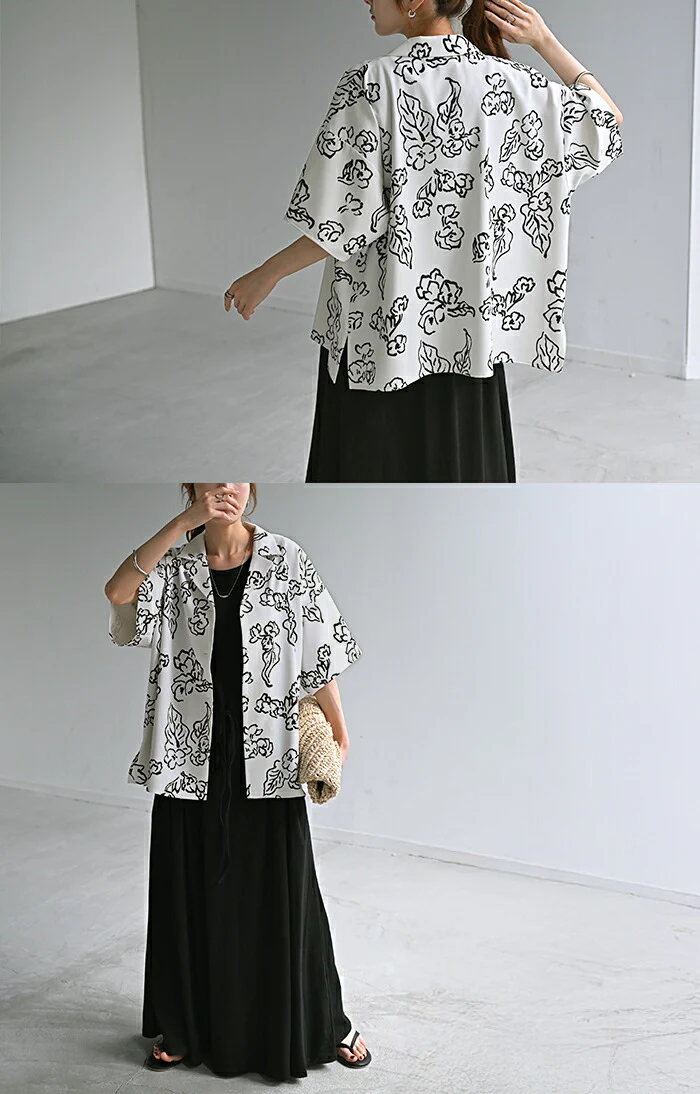 【夏セール】 シャツ 柄 レディース ブラウス トップス ロング ロングシャツ 総柄 アート チュニック 半袖 無地 羽織 柄シャツ シワになりにくい ライトアウター きれいめ ゆったり 大きいサイズ 体型カバー 二の腕カバー 旅行 カジュアル 黒 白 春 夏 HUG.U - Image 13