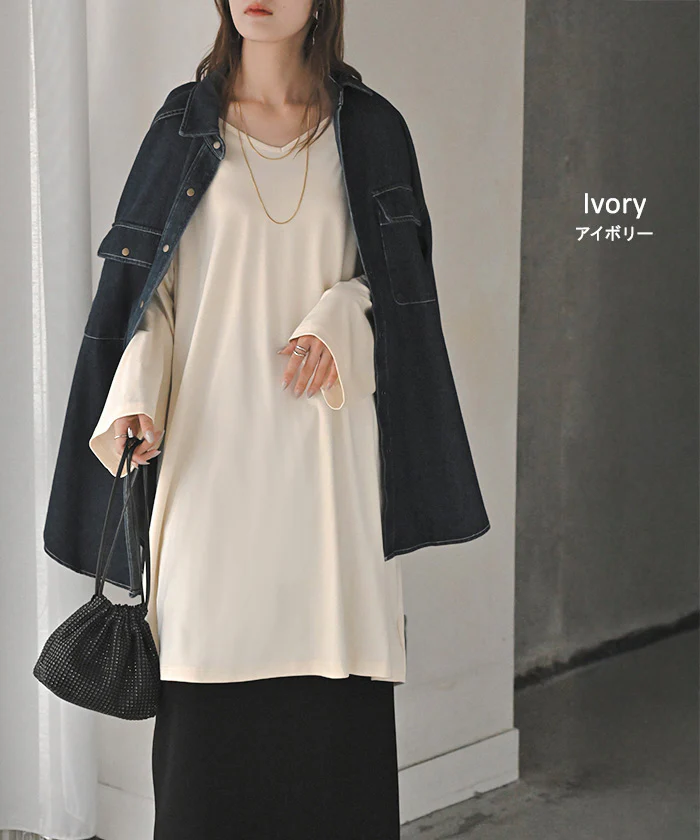 ロンT 接触冷感 チュニック レディース 涼しい トップス 長袖 Tシャツ カットソー ロング プラスサイズ Vネック ドルマン ドルマンスリーブ ゆったり 無地 体型カバー お尻が隠れる 大きいサイズ おしゃれ 白 黒 春 夏 HUG.U - Image 9