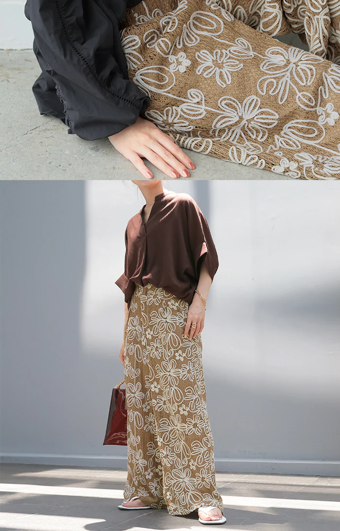 パンツ ワイド コード刺繡 総柄 透かし編み レディース ワイドパンツ 花柄 刺繍 立体 ロング ロングパンツ アート 体型カバー ボトムス ボトム ストレート ズボン ゆったり ハイウエスト 透け 美脚 大きいサイズ きれいめ 黒 ベージュ 春 夏 HUG.U - Image 12