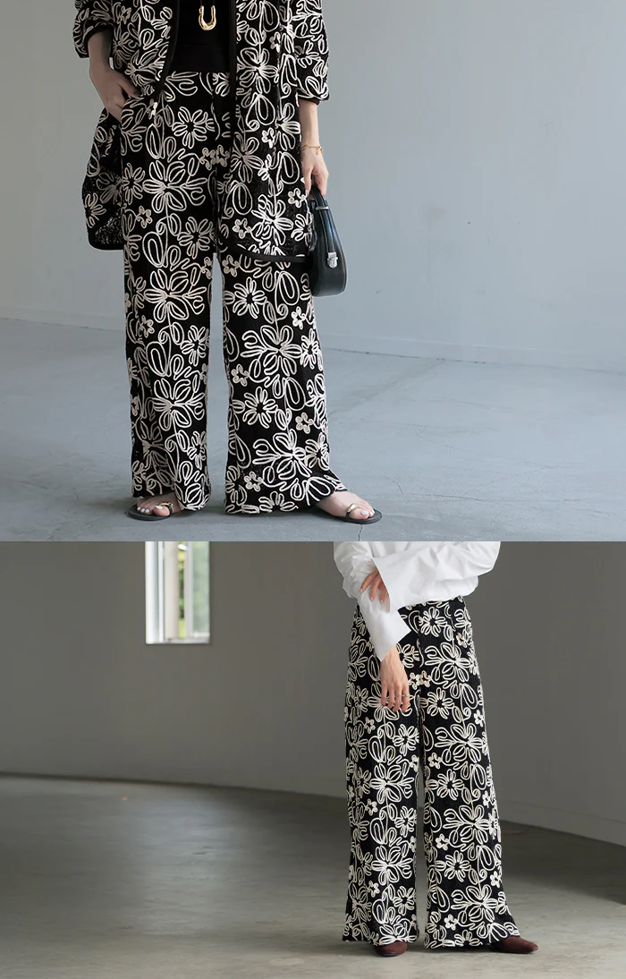 パンツ ワイド コード刺繡 総柄 透かし編み レディース ワイドパンツ 花柄 刺繍 立体 ロング ロングパンツ アート 体型カバー ボトムス ボトム ストレート ズボン ゆったり ハイウエスト 透け 美脚 大きいサイズ きれいめ 黒 ベージュ 春 夏 HUG.U - Image 19