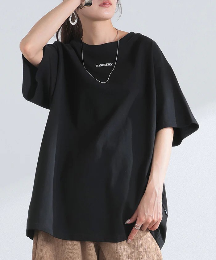 Tシャツ ロゴ 綿100 トップス レディース ■一部7月中旬入荷 メンズ 半袖 カットソー ロング ティーシャツ チュニック クルーネック ドルマン ドルマンスリーブ ヘビーオンス 厚手 ゆったり 無地 体型カバー お尻が隠れる 大きいサイズ おしゃれ 白 黒 春 夏 HUG.U メール便 - Image 28