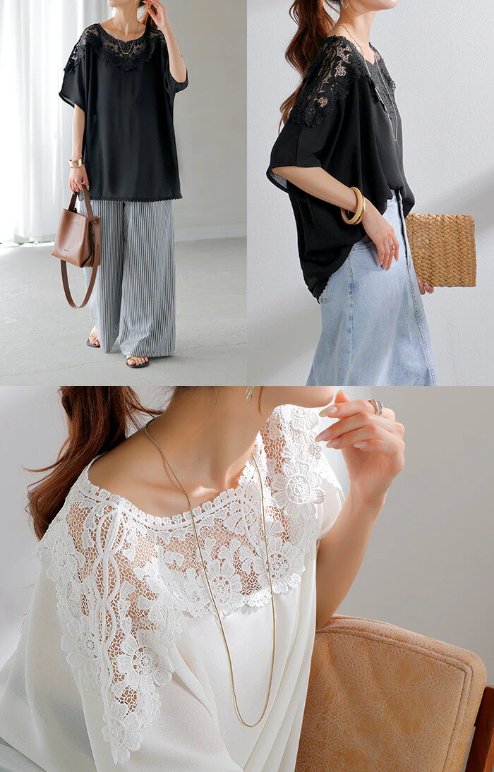 Tシャツ レディース レース トップス シャツ ブラウス 半袖 花柄 ロング ティーシャツ チュニック クルーネック 長い ドルマン シワになりにくい ゆったり 無地 体型カバー お尻が隠れる きれいめ 大きいサイズ おしゃれ 白 黒 春 夏 HUG.U メール便 - Image 22