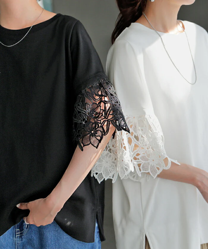 Tシャツ レース 半袖 レディース トップス カットソー ■一部7月中旬入荷 ロング ティーシャツ ビッグ プラスサイズ 花柄 クルーネック 長い ドルマン ドルマンスリーブ ストレッチ 二の腕カバー ゆったり 無地 体型カバー 大きいサイズ おしゃれ 白 黒 春 冬 HUG.U - Image 13