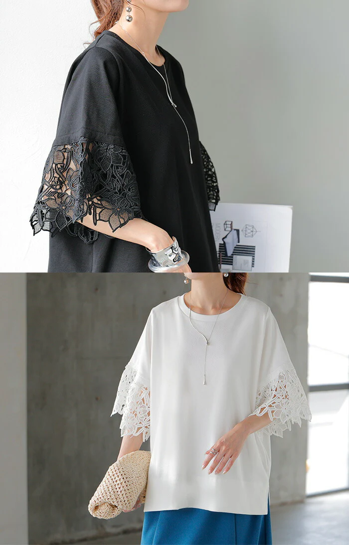 Tシャツ レース 半袖 レディース トップス カットソー ■一部7月中旬入荷 ロング ティーシャツ ビッグ プラスサイズ 花柄 クルーネック 長い ドルマン ドルマンスリーブ ストレッチ 二の腕カバー ゆったり 無地 体型カバー 大きいサイズ おしゃれ 白 黒 春 冬 HUG.U - Image 8