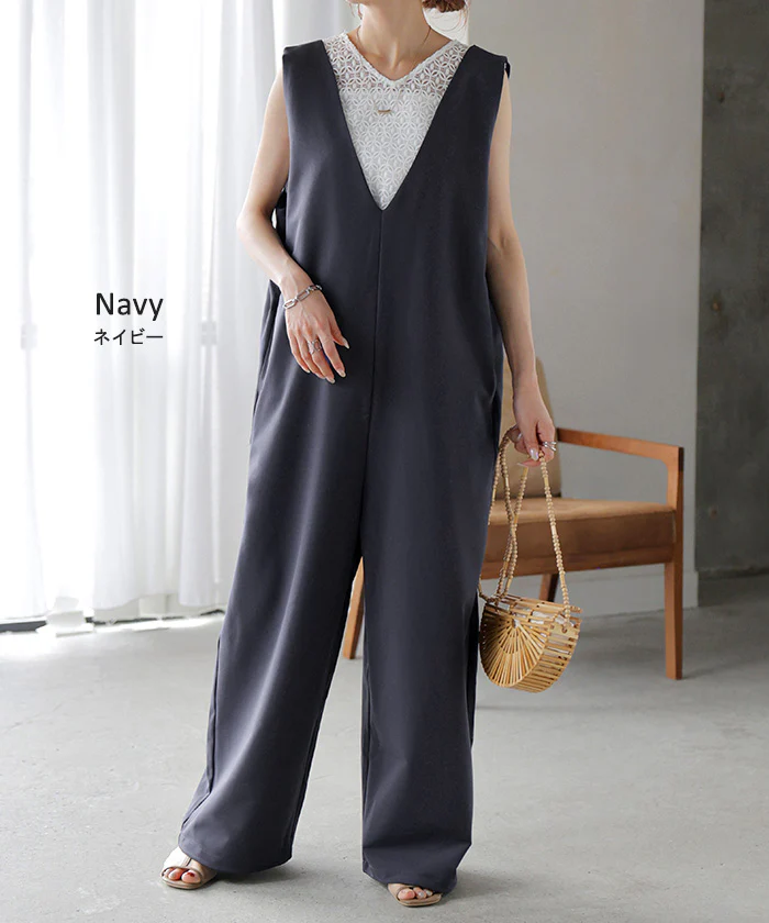 【夏セール】 サロペット ワイド パンツ レディース サロペ ■一部7月中旬入荷 イージーケア 深V Vネック ロング ロングパンツ ノースリーブ タンクトップ ストレッチ オーバーオール 重ね着 きれいめ オーバーサイズ 大きいサイズ 洗濯機 可能 体型カバー 黒 ベージュ 春 夏 HUG.U - Image 14