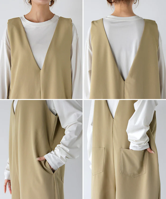【夏セール】 サロペット ワイド パンツ レディース サロペ ■一部7月中旬入荷 イージーケア 深V Vネック ロング ロングパンツ ノースリーブ タンクトップ ストレッチ オーバーオール 重ね着 きれいめ オーバーサイズ 大きいサイズ 洗濯機 可能 体型カバー 黒 ベージュ 春 夏 HUG.U - Image 22