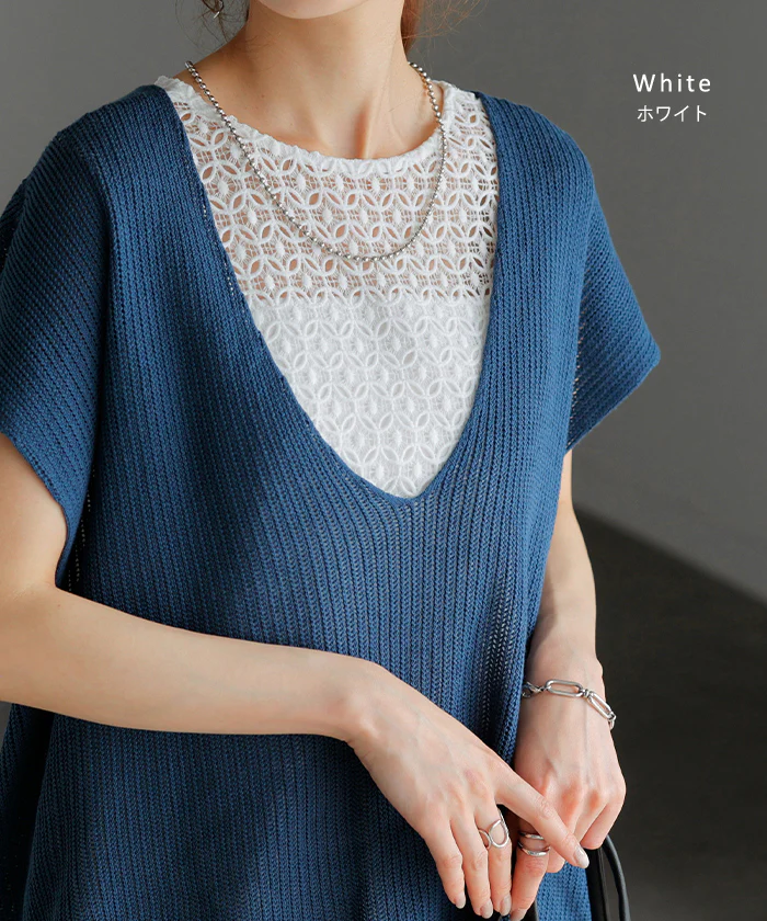 タンクトップ 2way レース レイヤード インナー トップス タンク レディース 無地 異素材 カットソー キャミソール 刺繍 ロング Vネック Uネック 長い 重ね 付け裾 ボックス 裾 ゆったり 体型カバー 大きいサイズ きれいめ 大人 黒 白 春 夏 HUG.U メール便 - Image 13