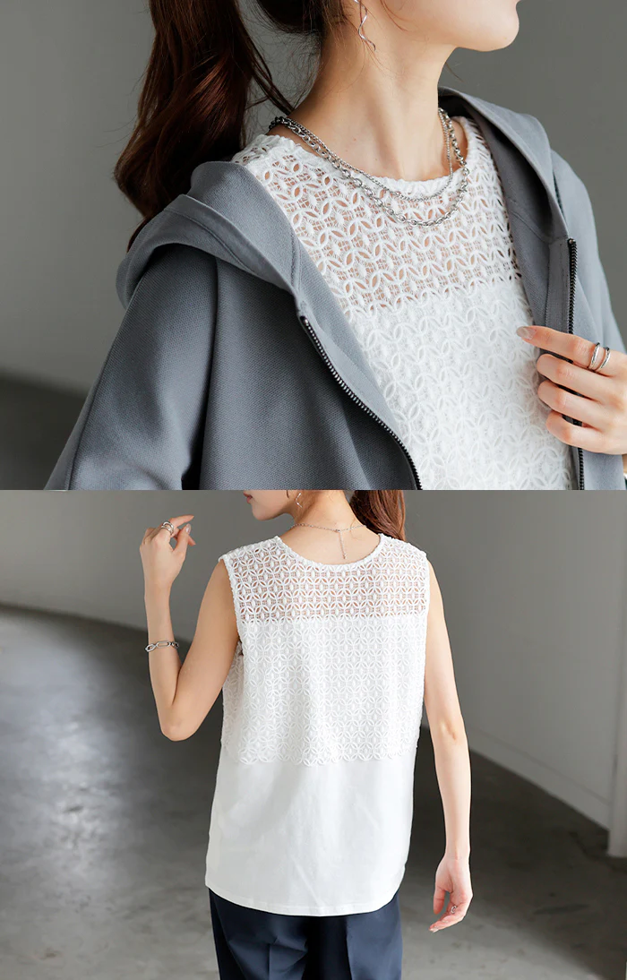 タンクトップ 2way レース レイヤード インナー トップス タンク レディース 無地 異素材 カットソー キャミソール 刺繍 ロング Vネック Uネック 長い 重ね 付け裾 ボックス 裾 ゆったり 体型カバー 大きいサイズ きれいめ 大人 黒 白 春 夏 HUG.U メール便 - Image 19