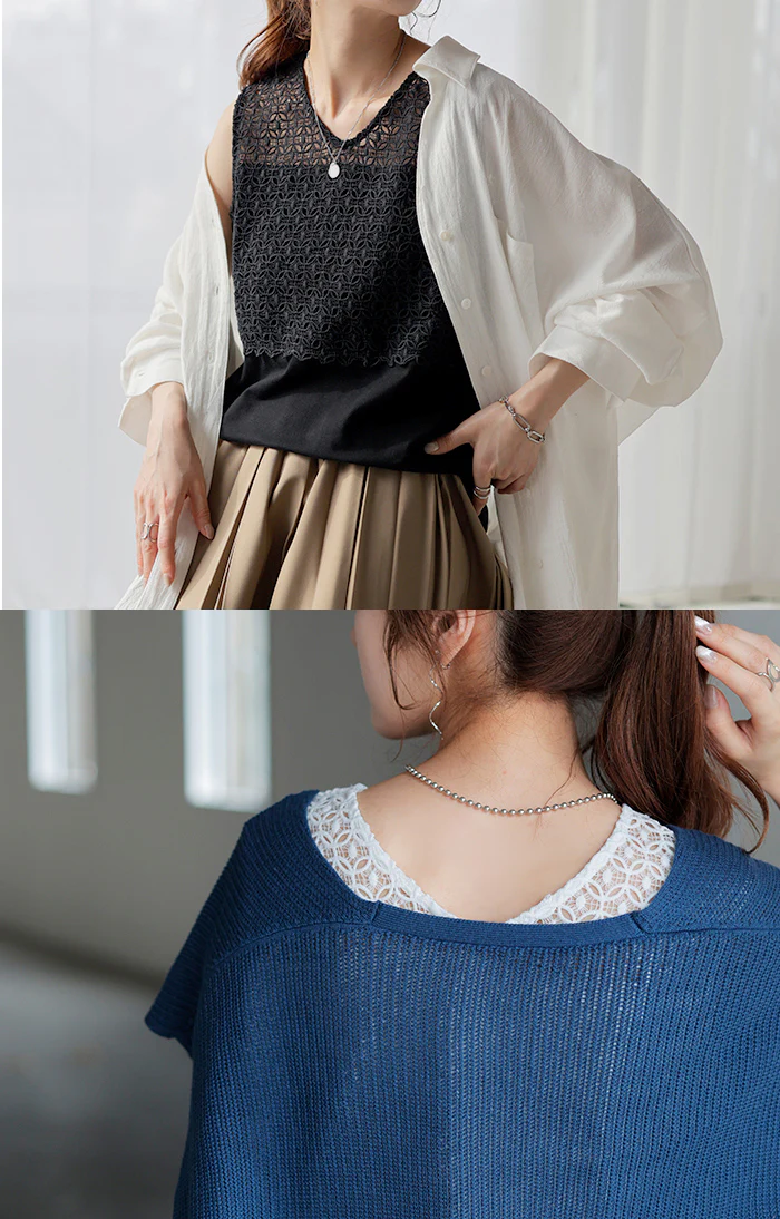 タンクトップ 2way レース レイヤード インナー トップス タンク レディース 無地 異素材 カットソー キャミソール 刺繍 ロング Vネック Uネック 長い 重ね 付け裾 ボックス 裾 ゆったり 体型カバー 大きいサイズ きれいめ 大人 黒 白 春 夏 HUG.U メール便 - Image 4