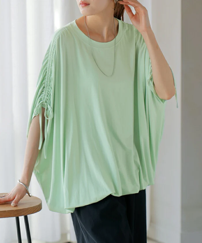Tシャツ レディース トップス 半袖 リボン カットソー ストレッチ ロング ティーシャツ チュニック ビッグ ドロスト クルーネック 長い ドルマン ドルマンスリーブ ゆったり 無地 体型カバー 大きいサイズ きれいめ おしゃれ 白 黒 春 夏 HUG.U メール便 - Image 5
