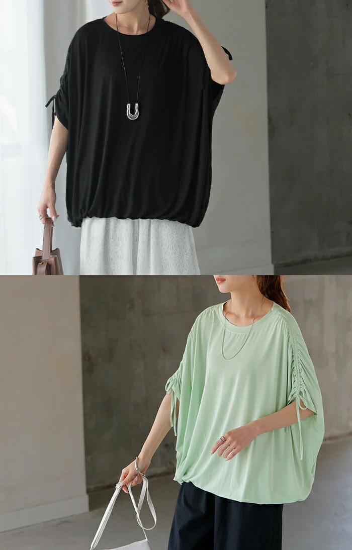 Tシャツ レディース トップス 半袖 リボン カットソー ストレッチ ロング ティーシャツ チュニック ビッグ ドロスト クルーネック 長い ドルマン ドルマンスリーブ ゆったり 無地 体型カバー 大きいサイズ きれいめ おしゃれ 白 黒 春 夏 HUG.U メール便 - Image 8
