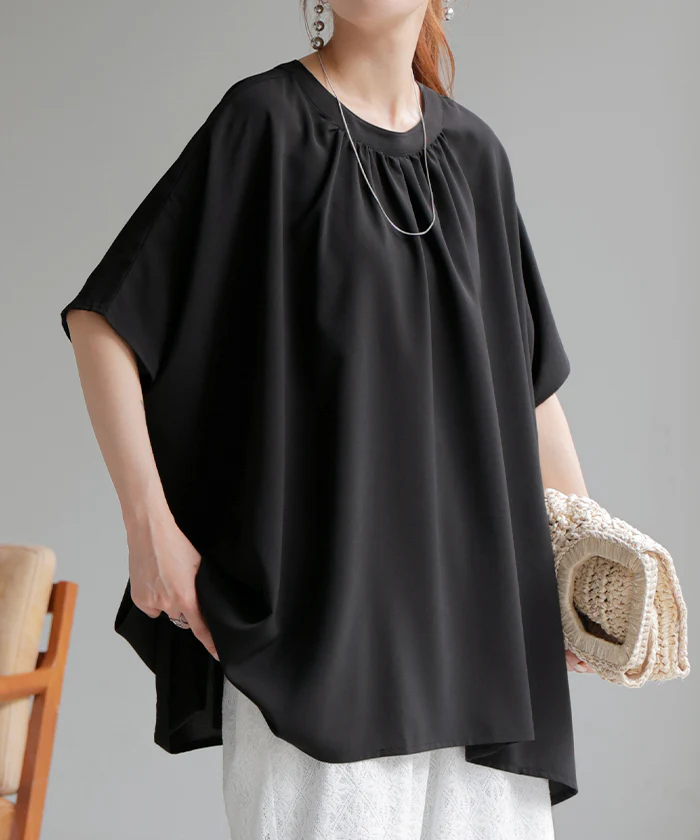 【夏セール】 シャツ レディース ノーカラー シワになりにくい トップス バンドカラー ブラウス ロング ロングシャツ チュニック 半袖 無地 きれいめ ゆったり 大きいサイズ 体型カバー お尻が隠れる きれいめ 通勤 オフィスカジュアル 黒 白 春 夏 HUG.U - Image 31
