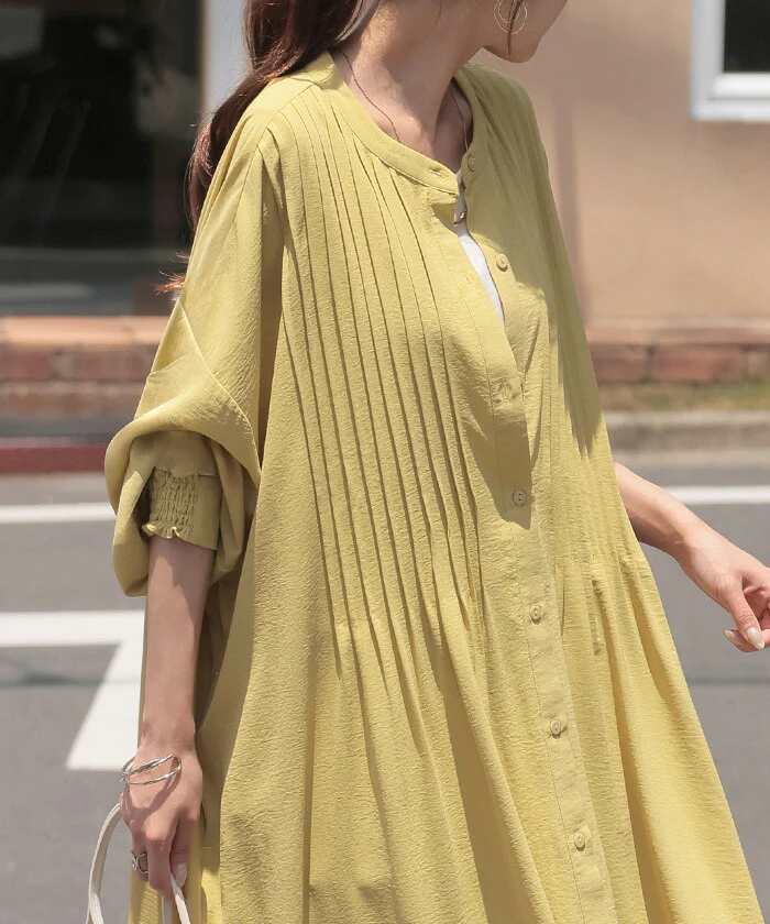 ワンピース シャツ シャツワンピース ノーカラー シャツワンピ レディース シワになりにくい ロング ロングワンピース Aライン ワンピ ロングシャツ ロングワンピ 長袖 羽織 きれいめ 体型カバー 大きいサイズ 無地 黒 ベージュ 春 夏 HUG.U - Image 5