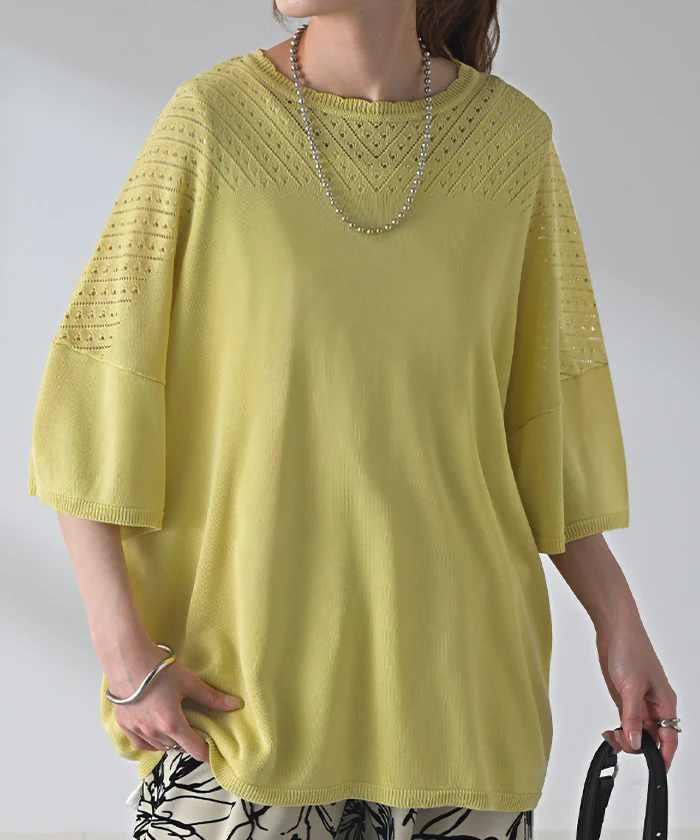 Tシャツ サマーニット 透かし編み レディース ■一部7月中旬入荷 トップス オーバー メッシュ プルオーバー 半袖 長い ロング ティーシャツ レイヤード 薄手 シアー チュニック ゆったり 大きいサイズ 体型カバー お尻が隠れる スカラップ 涼しい 青 黒 春 夏 HUG.U メール便 - Image 28