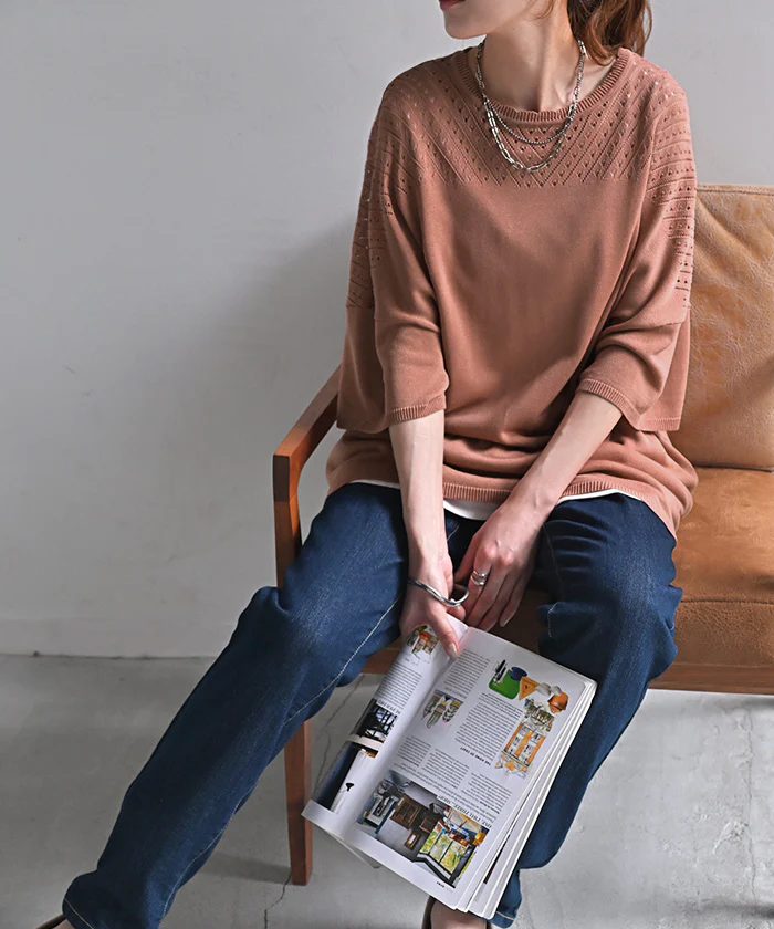 Tシャツ サマーニット 透かし編み レディース ■一部7月中旬入荷 トップス オーバー メッシュ プルオーバー 半袖 長い ロング ティーシャツ レイヤード 薄手 シアー チュニック ゆったり 大きいサイズ 体型カバー お尻が隠れる スカラップ 涼しい 青 黒 春 夏 HUG.U メール便 - Image 29