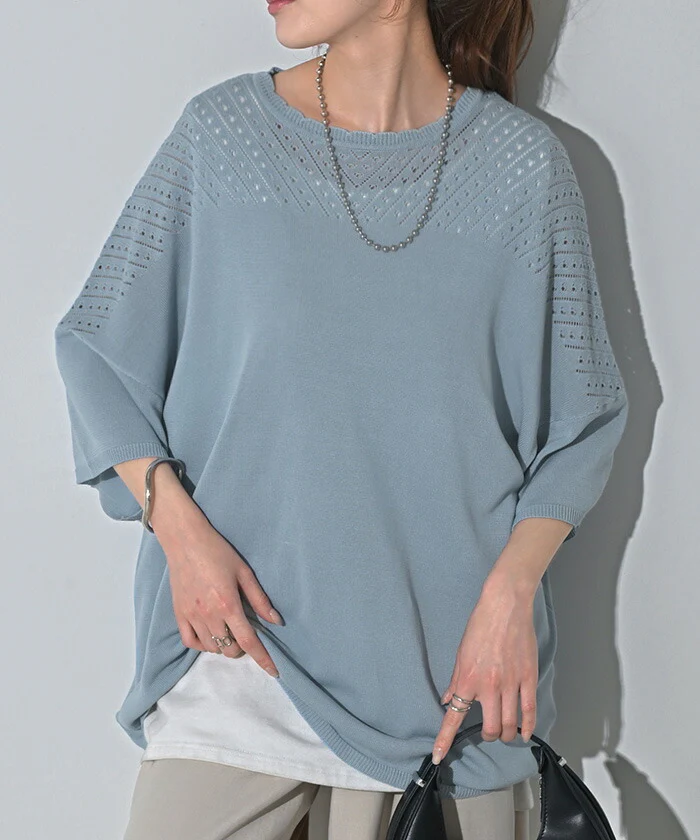 Tシャツ サマーニット 透かし編み レディース ■一部7月中旬入荷 トップス オーバー メッシュ プルオーバー 半袖 長い ロング ティーシャツ レイヤード 薄手 シアー チュニック ゆったり 大きいサイズ 体型カバー お尻が隠れる スカラップ 涼しい 青 黒 春 夏 HUG.U メール便 - Image 5