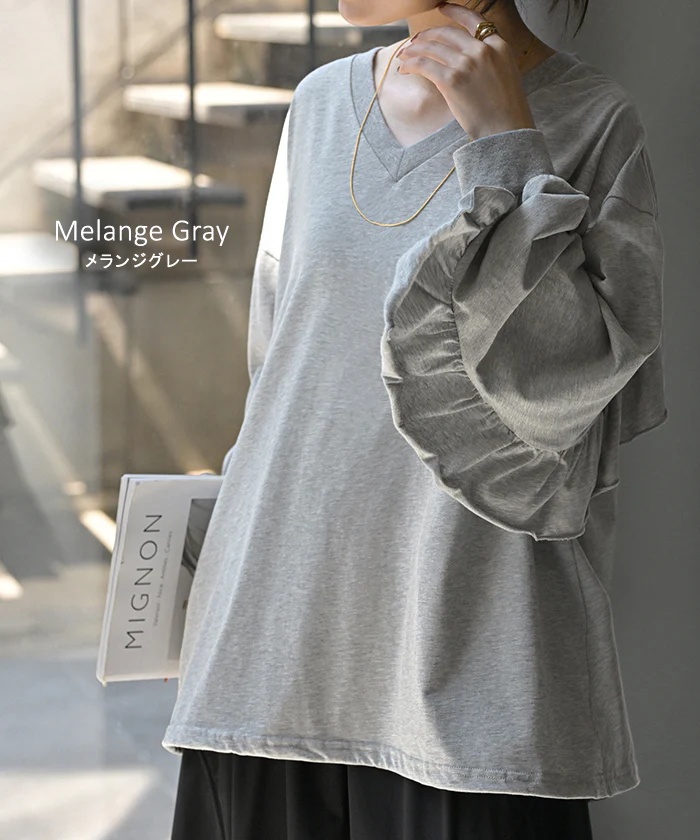 ロンT Vネック フリル トップス レディース 長袖 Tシャツ ロング カットソー ティーシャツ Vネック バックフリル チュニック プルオーバー ビッグ 長い 綿100 ドロスト ゆったり 無地 体型カバー お尻が隠れる 大きいサイズ おしゃれ 黒 グレー 秋 冬 HUG.U - Image 18