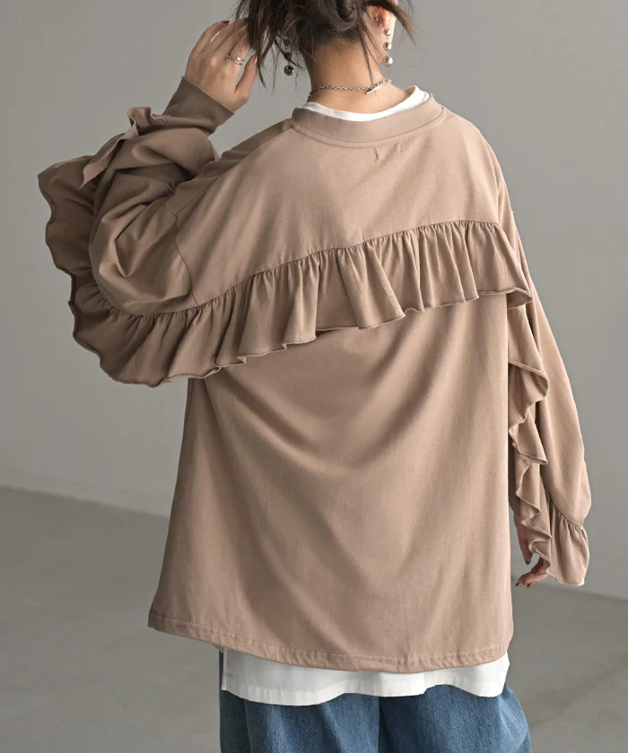 ロンT Vネック フリル トップス レディース 長袖 Tシャツ ロング カットソー ティーシャツ Vネック バックフリル チュニック プルオーバー ビッグ 長い 綿100 ドロスト ゆったり 無地 体型カバー お尻が隠れる 大きいサイズ おしゃれ 黒 グレー 秋 冬 HUG.U - Image 27