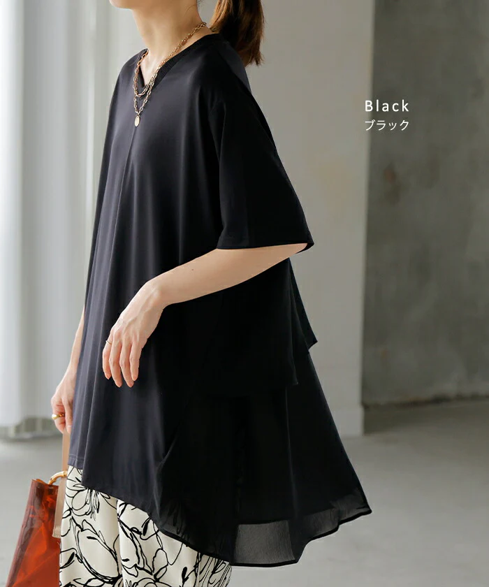【夏セール】 Tシャツ シフォン レディース 綿 混 トップス 半袖 透け シアー カットソー ロング ティーシャツ チュニック Vネック ドルマン ドルマンスリーブ ゆったり 無地 体型カバー フレア きれいめ お尻が隠れる 大きいサイズ おしゃれ 白 黒 春 夏 HUG.U メール便 - Image 16