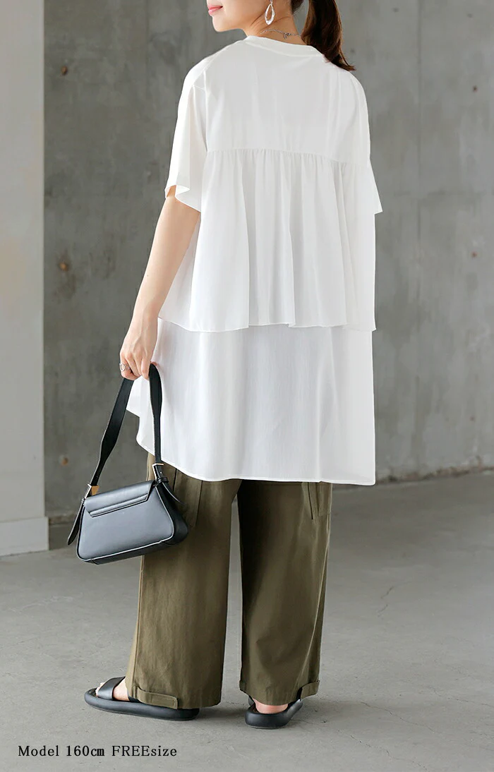 【夏セール】 Tシャツ シフォン レディース 綿 混 トップス 半袖 透け シアー カットソー ロング ティーシャツ チュニック Vネック ドルマン ドルマンスリーブ ゆったり 無地 体型カバー フレア きれいめ お尻が隠れる 大きいサイズ おしゃれ 白 黒 春 夏 HUG.U メール便 - Image 19