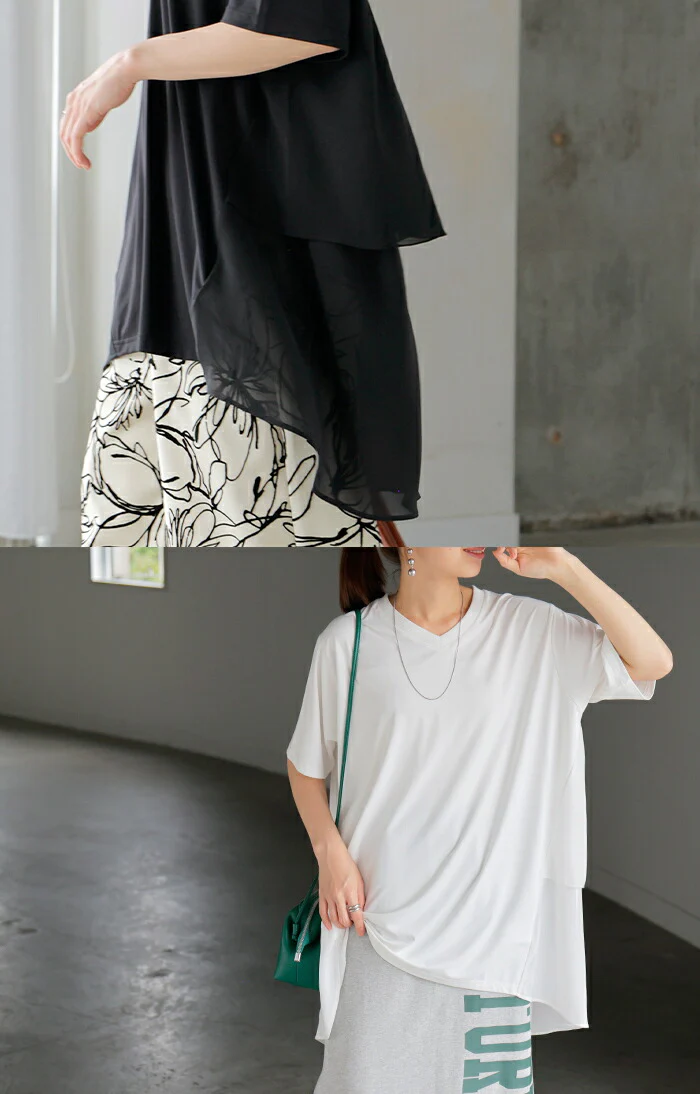 【夏セール】 Tシャツ シフォン レディース 綿 混 トップス 半袖 透け シアー カットソー ロング ティーシャツ チュニック Vネック ドルマン ドルマンスリーブ ゆったり 無地 体型カバー フレア きれいめ お尻が隠れる 大きいサイズ おしゃれ 白 黒 春 夏 HUG.U メール便 - Image 21