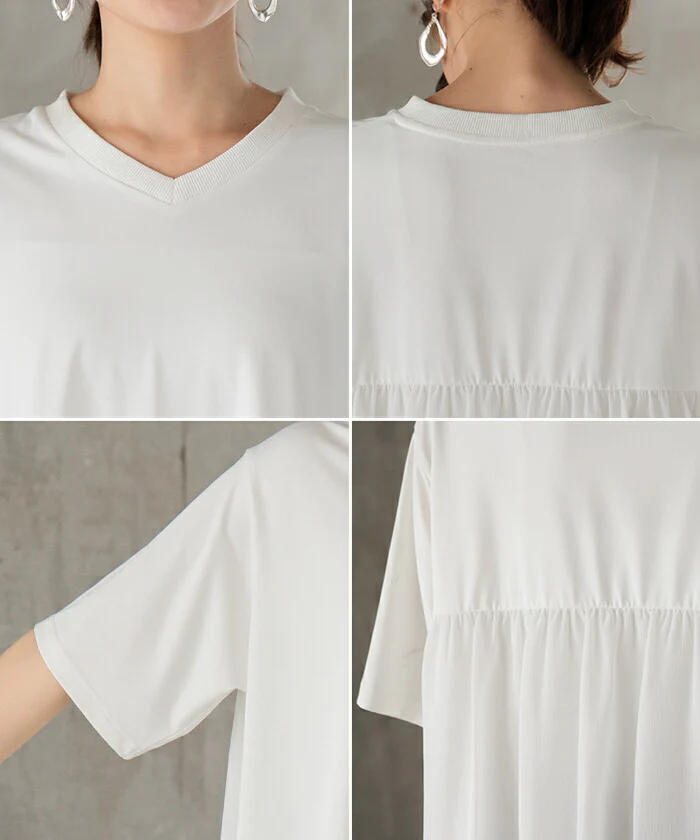 【夏セール】 Tシャツ シフォン レディース 綿 混 トップス 半袖 透け シアー カットソー ロング ティーシャツ チュニック Vネック ドルマン ドルマンスリーブ ゆったり 無地 体型カバー フレア きれいめ お尻が隠れる 大きいサイズ おしゃれ 白 黒 春 夏 HUG.U メール便 - Image 23