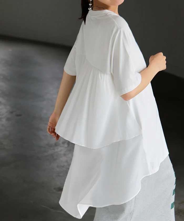 【夏セール】 Tシャツ シフォン レディース 綿 混 トップス 半袖 透け シアー カットソー ロング ティーシャツ チュニック Vネック ドルマン ドルマンスリーブ ゆったり 無地 体型カバー フレア きれいめ お尻が隠れる 大きいサイズ おしゃれ 白 黒 春 夏 HUG.U メール便 - Image 27