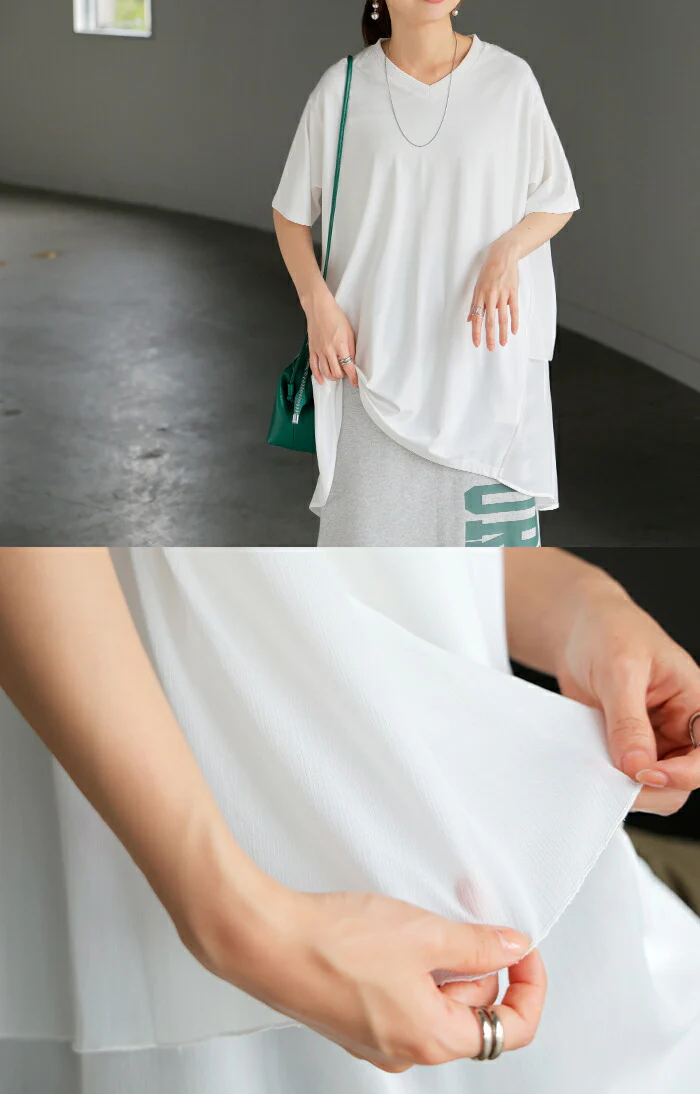 【夏セール】 Tシャツ シフォン レディース 綿 混 トップス 半袖 透け シアー カットソー ロング ティーシャツ チュニック Vネック ドルマン ドルマンスリーブ ゆったり 無地 体型カバー フレア きれいめ お尻が隠れる 大きいサイズ おしゃれ 白 黒 春 夏 HUG.U メール便 - Image 3