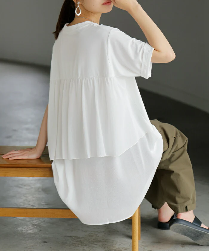 【夏セール】 Tシャツ シフォン レディース 綿 混 トップス 半袖 透け シアー カットソー ロング ティーシャツ チュニック Vネック ドルマン ドルマンスリーブ ゆったり 無地 体型カバー フレア きれいめ お尻が隠れる 大きいサイズ おしゃれ 白 黒 春 夏 HUG.U メール便 - Image 5