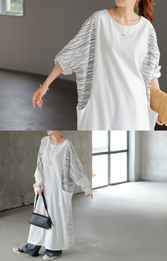 ワンピース ロング Tシャツ アート ワンピ レディース ロングワンピース カットソー Aライン マキシ マキシワンピース ワンピ ドルマン ロングワンピ 長袖 手書き風 Uネック 体型カバー 二の腕カバー ポケット 大きいサイズ 白 ホワイト 春 夏 HUG.U - Image 20