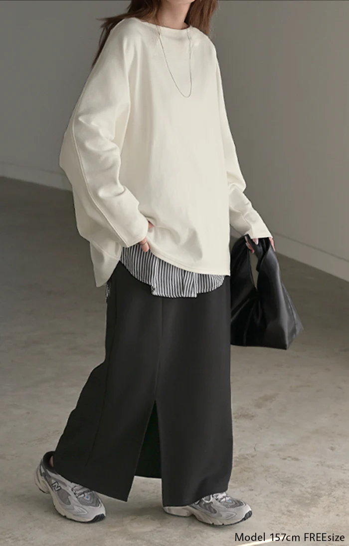 トップス ドルマン レディース ロンT 長袖 Tシャツ ポンチ カットソー 汚れ 防汚加工 ロング ティーシャツ チュニック プラスサイズ ボートネック 長い ドルマンスリーブ ゆったり 無地 体型カバー お尻が隠れる 大きいサイズ 白 黒 秋 冬 HUG.U - Image 8