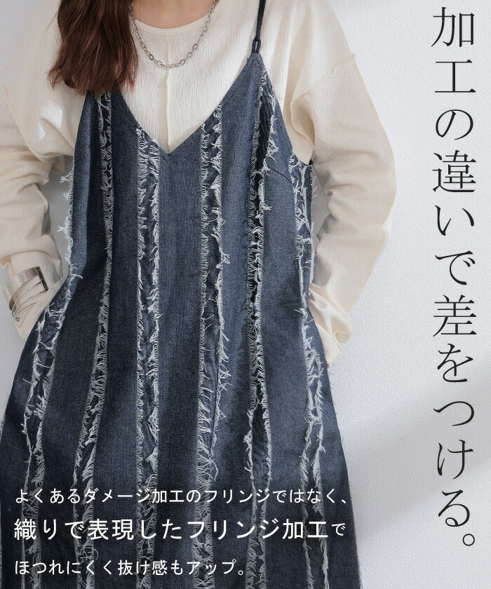 ワンピース デニム フリンジ ワンピ デニムワンピース キャミワンピ レディース キャミソールワンピース Aライン ノースリーブ タンクトップ ロングワンピ レイヤード 体型カバー 大きいサイズ インディゴ ネイビー 春 夏 HUG.U - Image 3