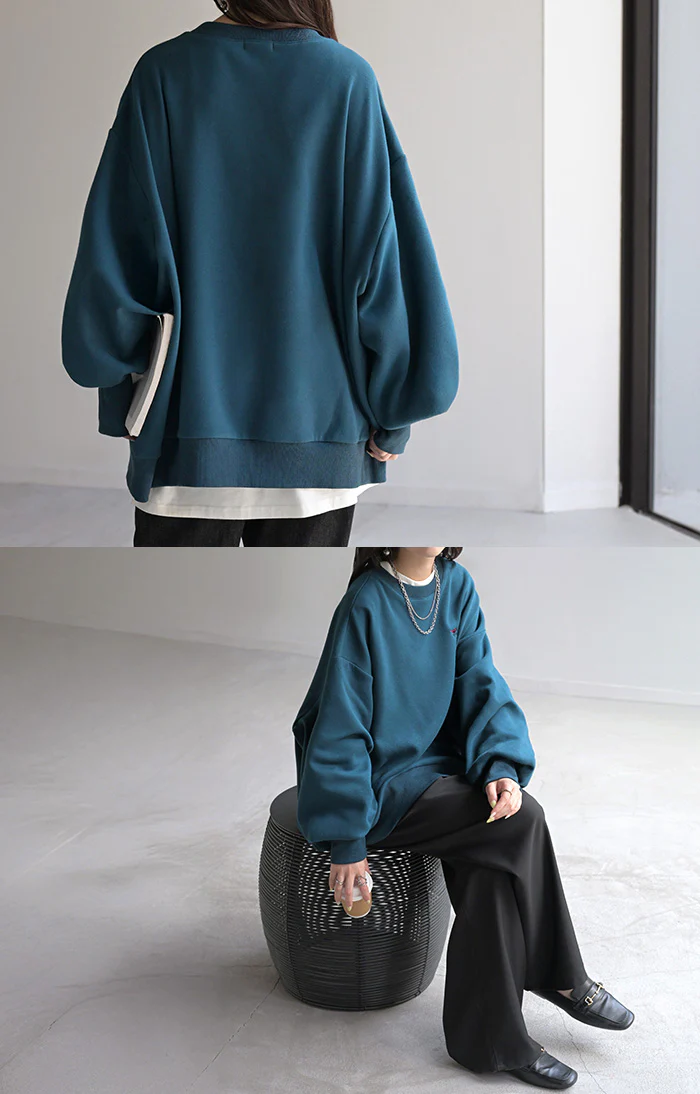 スウェット " 特暖 " 裏シャギー 刺繍 レディース トップス ロング トレーナー 裏起毛 プルオーバー 無地 長袖 クルーネック ボリュームスリーブ リブ サムホール オーバーサイズ 体型カバー 大きいサイズ お尻が隠れる カジュアル 黒 青 秋 冬 HUG.U - Image 13