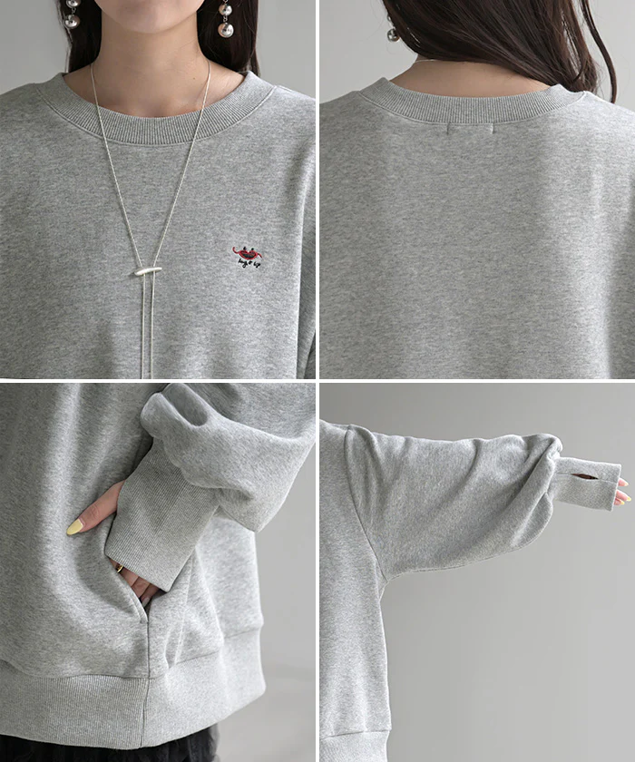 スウェット " 特暖 " 裏シャギー 刺繍 レディース トップス ロング トレーナー 裏起毛 プルオーバー 無地 長袖 クルーネック ボリュームスリーブ リブ サムホール オーバーサイズ 体型カバー 大きいサイズ お尻が隠れる カジュアル 黒 青 秋 冬 HUG.U - Image 22