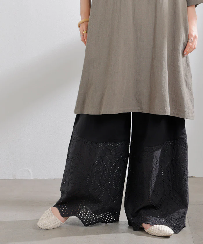 ペチパンツ ワイド パンツ レイヤード レディース ペチコート レース 刺繍 綿 混 コットン 選べる丈 シアー 切り替え ズボン フレア 裾パンツ ボトムス 体型カバー ウエストゴム ロング インナー 涼しい 重ね着 大きいサイズ 白 黒 春 夏 HUG.U メール便 - Image 36