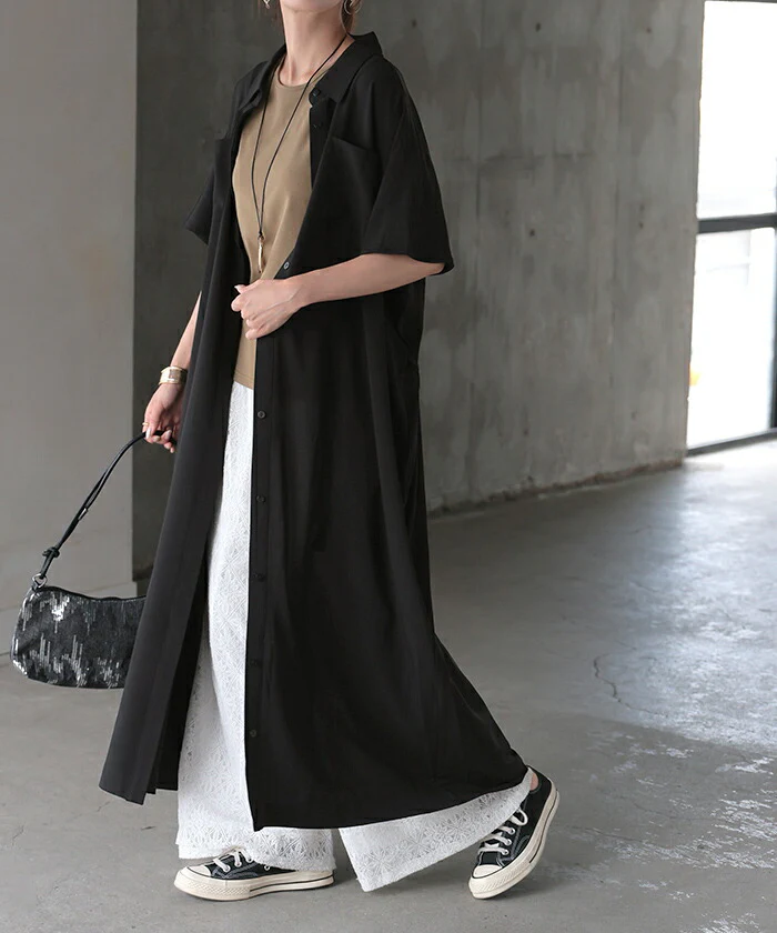ワンピース シャツ シャツワンピース 麻 風 ■一部7月下旬入荷 シャツワンピ レディース シワになりにくい ロング ロングワンピース Aライン マキシ ワンピ ロングシャツ ロングワンピ 半袖 羽織 きれいめ 体型カバー 大きいサイズ 無地 黒 ネイビー 春 夏 HUG.U - Image 4