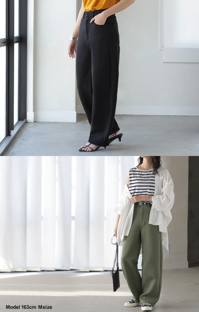 パンツ バレルレッグ レディース ワイド ワイドパンツ ロング ロングパンツ ポンチ 体型カバー ボトムス ボトム ストレート リラックス ズボン ゆったり ハイウエスト ストレッチ 美脚 大きいサイズ ウエストゴム きれいめ 黒 カーキ 秋 冬 HUG.U - Image 21