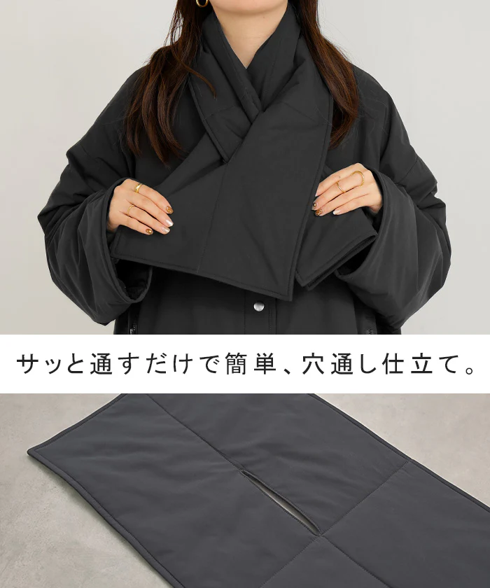 アウター コート ロング 中綿 撥水 マフラー 付き レディース ロングコート ジャケット フリース あったか 吸湿 発熱 オーバー YKK ノーカラー ドロップショルダー 羽織 オーバーサイズ 大きいサイズ 体型カバー お尻が隠れる 黒 グレー 秋 冬 HUG.U - Image 14