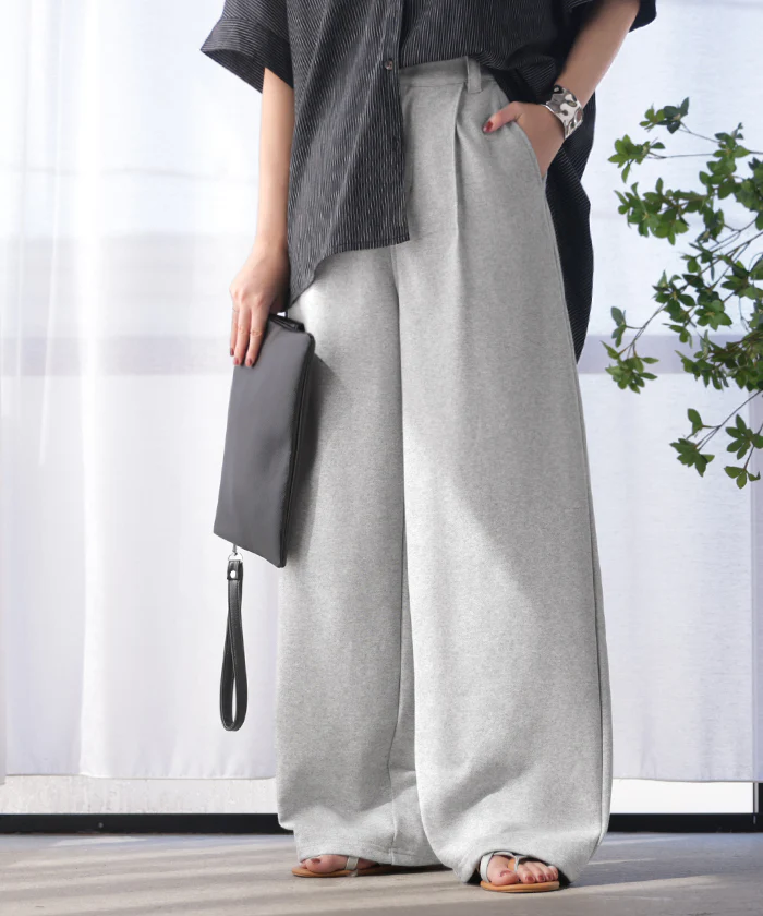 パンツ ロング ワイド スウェット " 選べる 2丈 " スラックス レディース タック ワイドパンツ ロングパンツ ボトムス ずぼん ウエストゴム ハイウエスト 綿 ストレッチ 高身長 美脚 体型カバー ゆったり 大きいサイズ 黒 グレー 秋 冬 HUG.U - Image 29