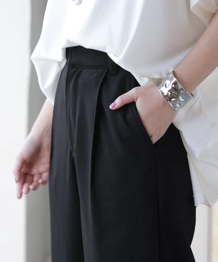パンツ ロング ワイド スウェット " 選べる 2丈 " スラックス レディース タック ワイドパンツ ロングパンツ ボトムス ずぼん ウエストゴム ハイウエスト 綿 ストレッチ 高身長 美脚 体型カバー ゆったり 大きいサイズ 黒 グレー 秋 冬 HUG.U - Image 3