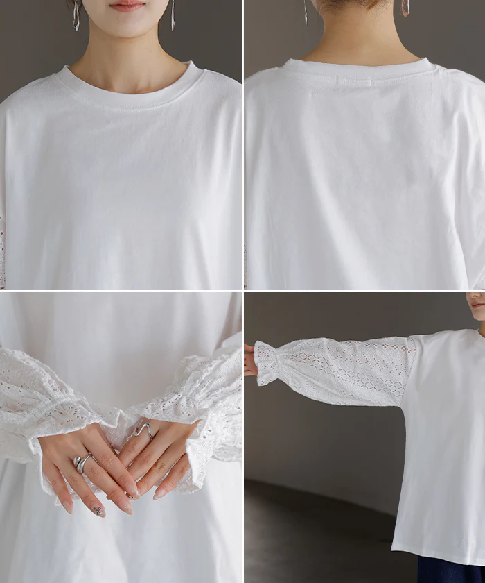 ロンT レース "選べるデザイン" レディース トップス 長袖 綿100 Tシャツ カットソー ロング ティーシャツ 異素材 ドッキング クルーネック ドルマン ボリュームスリーブ ゆったり 無地 体型カバー お尻が隠れる 大きいサイズ おしゃれ 白 黒 秋 冬 HUG.U メール便 - Image 23
