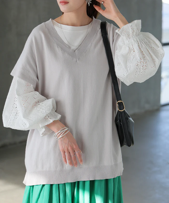 ロンT レース "選べるデザイン" レディース トップス 長袖 綿100 Tシャツ カットソー ロング ティーシャツ 異素材 ドッキング クルーネック ドルマン ボリュームスリーブ ゆったり 無地 体型カバー お尻が隠れる 大きいサイズ おしゃれ 白 黒 秋 冬 HUG.U メール便 - Image 29