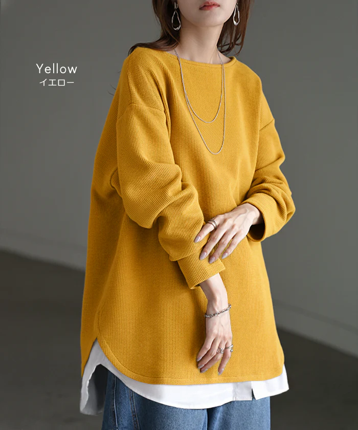 ロンT ワッフル プルオーバー レディース トップス Tシャツ 長袖 カットソー ロング ティーシャツ チュニック ビッグ クルーネック 長い ドルマン ドルマンスリーブ ゆったり 無地 体型カバー お尻が隠れる 大きいサイズ おしゃれ 白 黒 秋 冬 HUG.U - Image 14